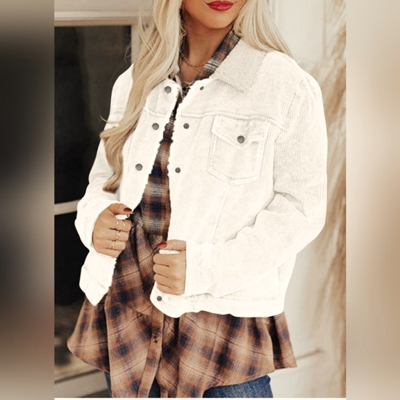 Shewin Womens Casual Sherpa Corduroy Jacket - Picture 1 of 8